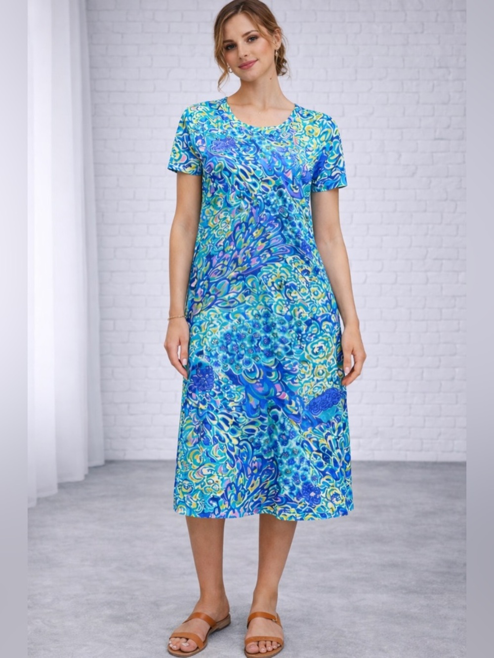 Philosophy Aqua Peacock Print T Shirt Dress Women Medium NWT Stretch Casual
